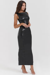 Sahara-Black Vegan Leather Maxi Dress