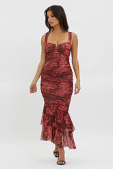 Nadia Ruched Fishtail Midi Dress Floral Wine