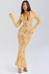 Indiana-Apricot Plunge Lace Maxi Dress