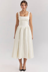 Isabeau-Ivory Textured Satin Corset Midi Dress