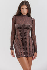 Marica-Brown Velvet & Lace Corset Dress
