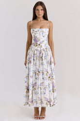 Ysabella-Off White Vintage Ribbon Print Cotton Midi Sundress