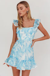 Porcia Tied Back Frill Dress Leaves Blues