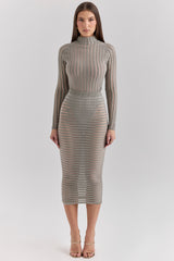 Rowena-Grey Velour Sheer Striped Bodysuit