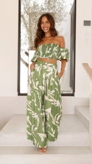 Callison Crop Top and Pants Set - Green Print