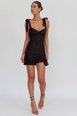 Emine Bow Shoulder Lace Mini Dress Black