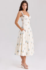 Rosalee-Cream Floral Print Cotton Corset Midi Dress