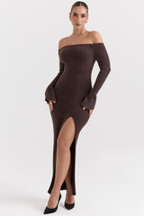Lucena-Espresso Knit Off Shoulder Dress