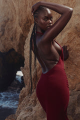 Thalina-Wine Draped Halter Neck Knit Maxi Dress