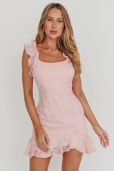 Annie Ruffle Shoulder Mini Dress Pink