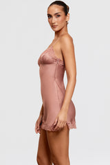Nia-Rose Pink Satin & Lace Slip Dress