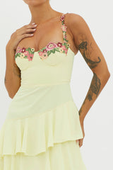 Rose Garden Tiered Ruffle Floral Trim Dress Lemon