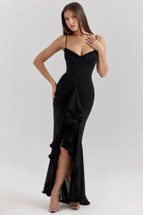 Gabbi-Black Mesh Ruffled Front Gown