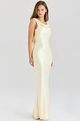 Safaira-Buttermilk Satin Draped Cowl Neck Maxi Dress