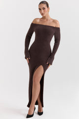 Lucena-Espresso Knit Off Shoulder Dress