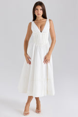 Samia-White Stretch Cotton Midi Sundress