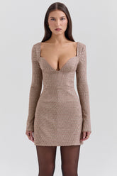 Angelie-Brown Puppytooth Check Plunge Mini Dress - SALE