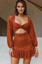 La La Land Twisted Bust & Back Paisley Lace Mini Dress Rust