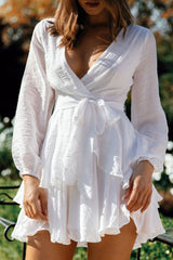 Believe Me Long Sleeve Surplice Neckline Dress White