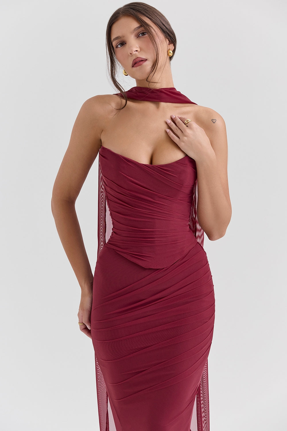Hallie-Cabernet Strapless Corset with Neck Scarf