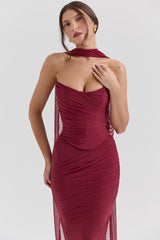 Hallie-Cabernet Strapless Corset with Neck Scarf
