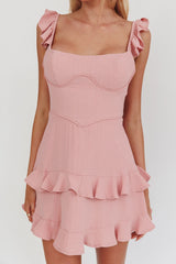 Moonlit Moment Ruffle Trim Piping Detail Lace-Up Back Dress Dusty Rose