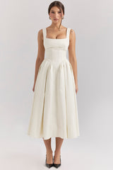 Isabeau-Ivory Textured Satin Corset Midi Dress