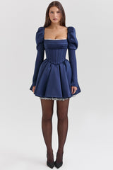 Venetia-Midnight Satin Puff Sleeve Mini Dress - SALE