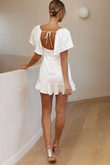 Eyes On You Pleated Bust Angel Sleeve Ruffle Hem Dress White
