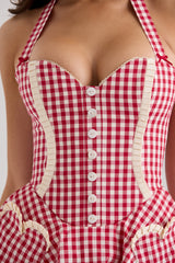 Heidi-Red Gingham Cotton Halter Neck Mini Dress