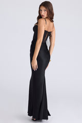 Valentina-Black Satin Draped Corset Maxi Dress