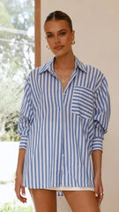 Zoah Long Sleeve Button Up Shirt - Blue/White Stripe