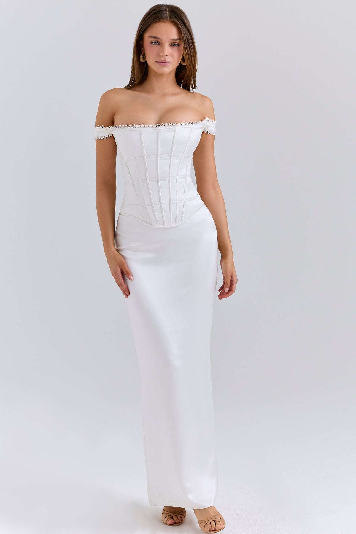 Isis-Ivory Satin Corset Maxi Dress