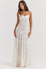 Seren-Vintage Cream Floral Lace Back Maxi Dress