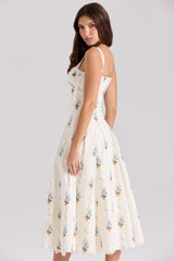 Rosalee-Cream Floral Print Cotton Corset Midi Dress