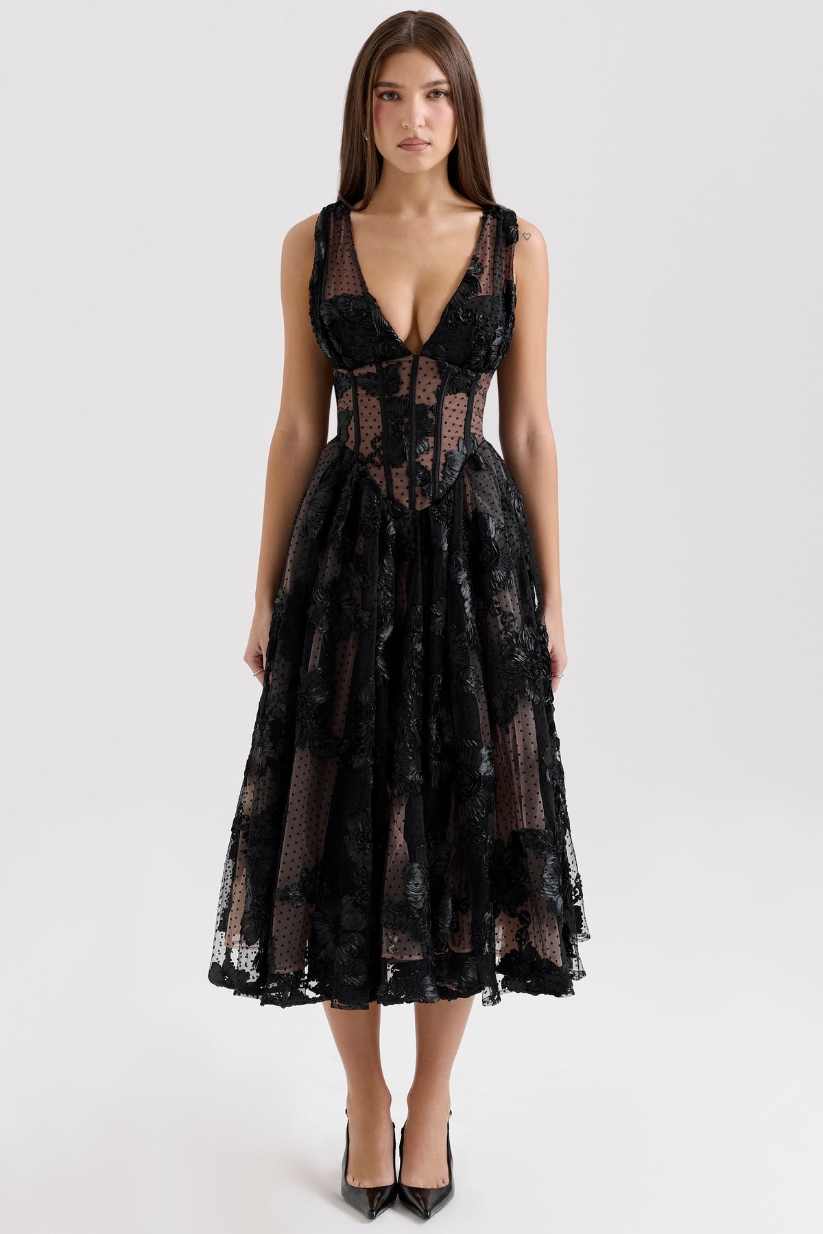 Sianna-Black Embroidered Tulle Corset Midi Dress