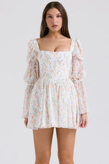 Sancia-White Posy Print Puff Sleeve Mini Dress