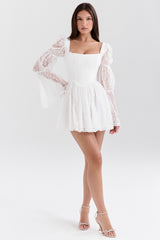 Sancia-White Lace Puff Sleeve Mini Dress