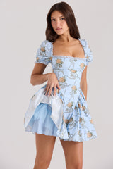 Rosie-Blue Rose Print Cotton Mini Dress