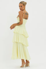 Rose Garden Tiered Ruffle Floral Trim Dress Lemon