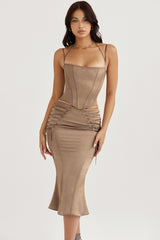 Sidonie-Latte Satin Lace Up Midi Skirt