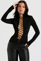 Lori-Black Crystallised Lace Up Top