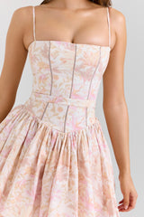 Ysabella-Peach Floral Print Stretch Cotton Mini Sundress