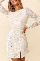 Emme Long Sleeve V-Back Lace Dress White