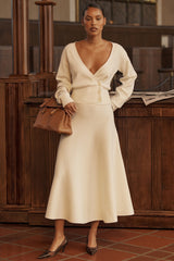 Solara-Ivory Wool Mix Flared Midi Skirt