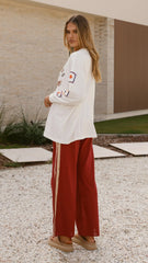 Wandering Heart Long Sleeve Top and Pants Set - Dark Red