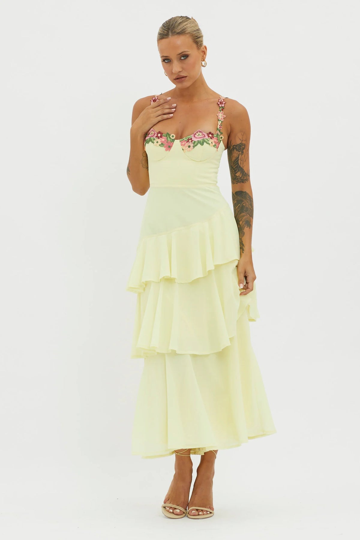Rose Garden Tiered Ruffle Floral Trim Dress Lemon