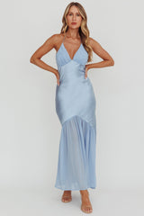 Aysah Chiffon Hem Halter Maxi Dress Light Blue