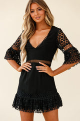 Believe It Crochet Detail Fluted Hem Dress Black