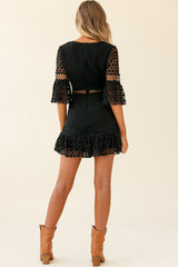 Believe It Crochet Detail Fluted Hem Dress Black